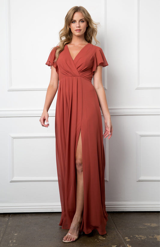 Festkjole med kort ærme og slids 3413