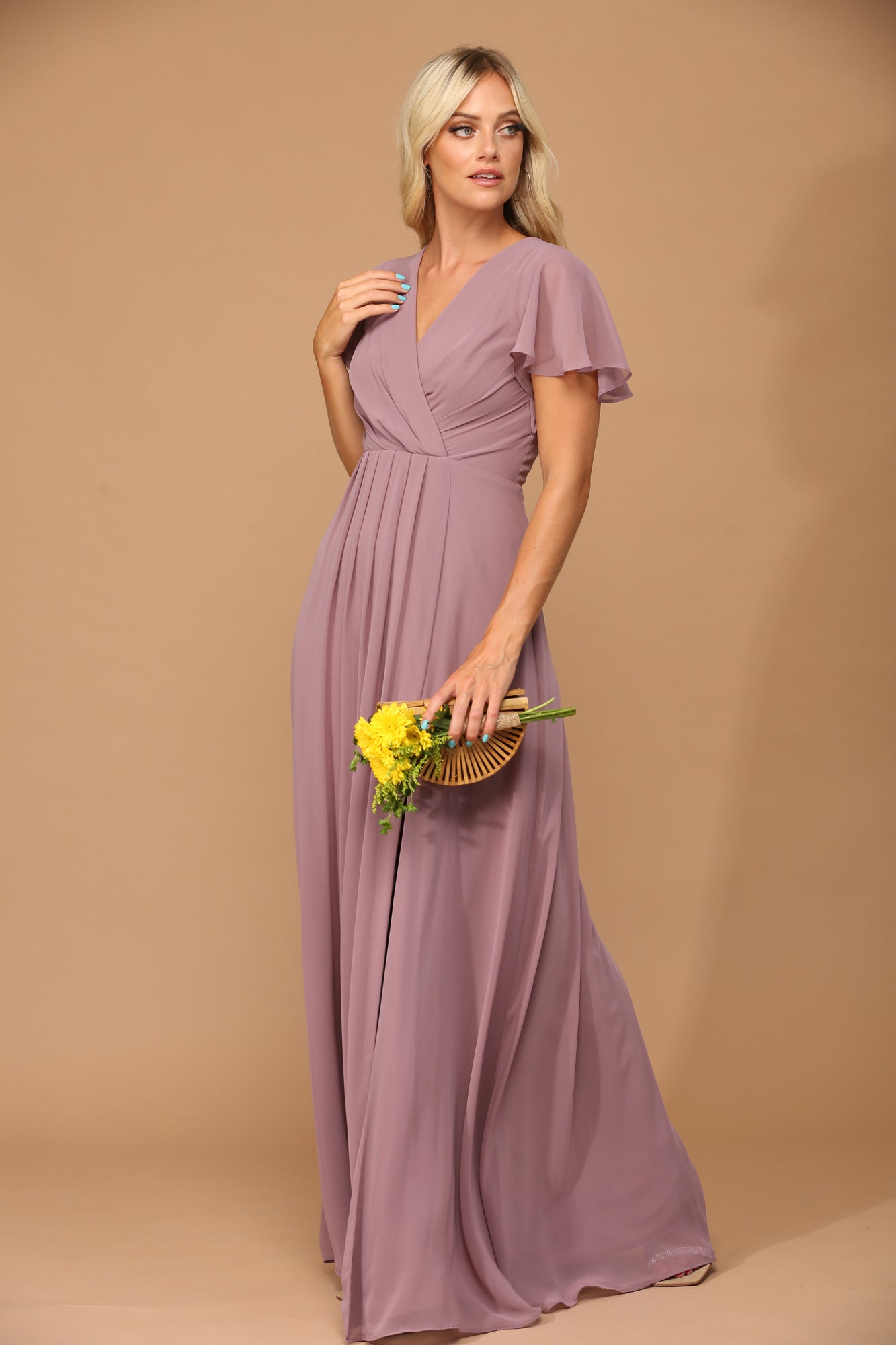 Mauve party dress with short sleeves