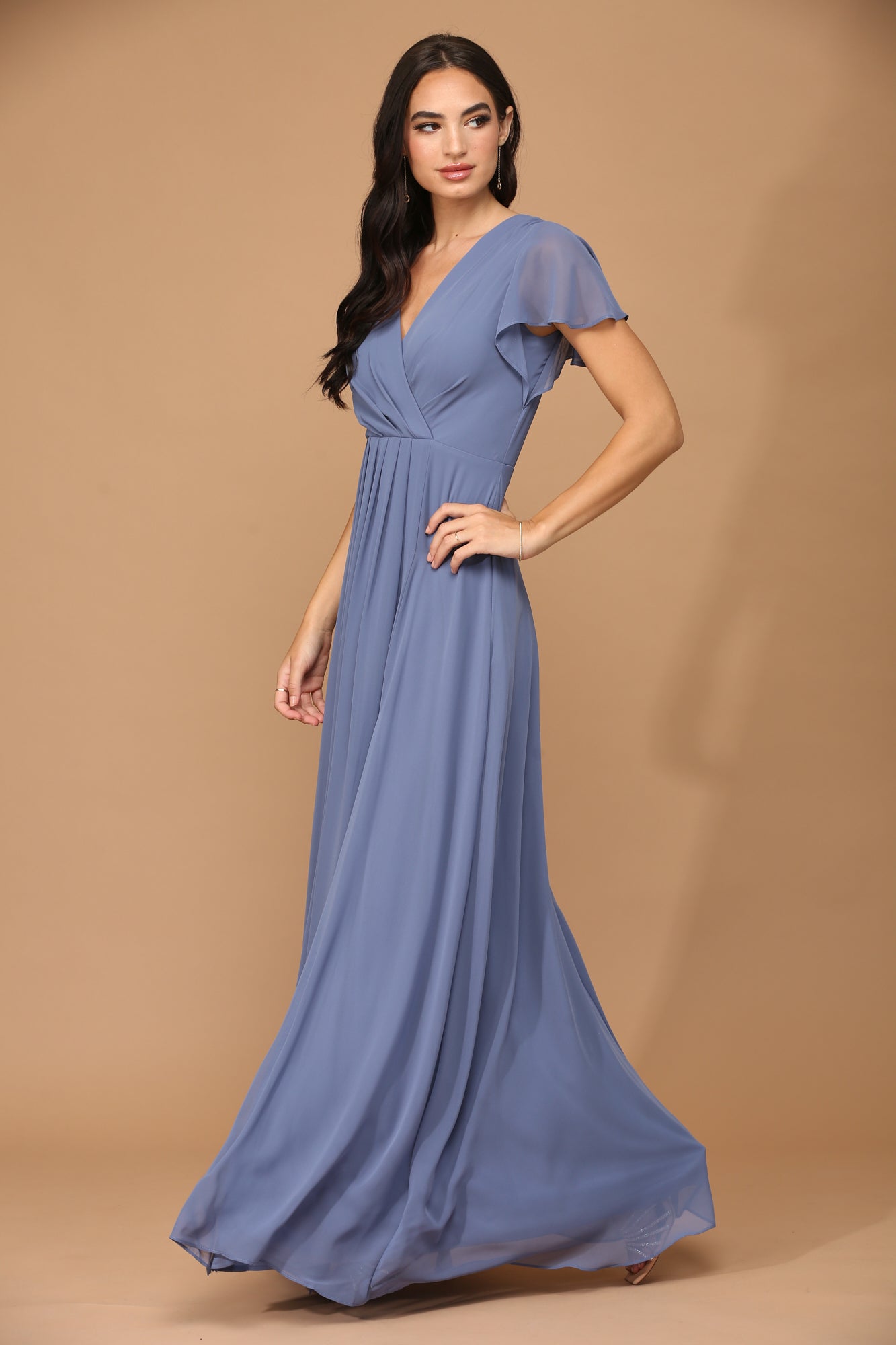Dusty blue party dress with short sleeves