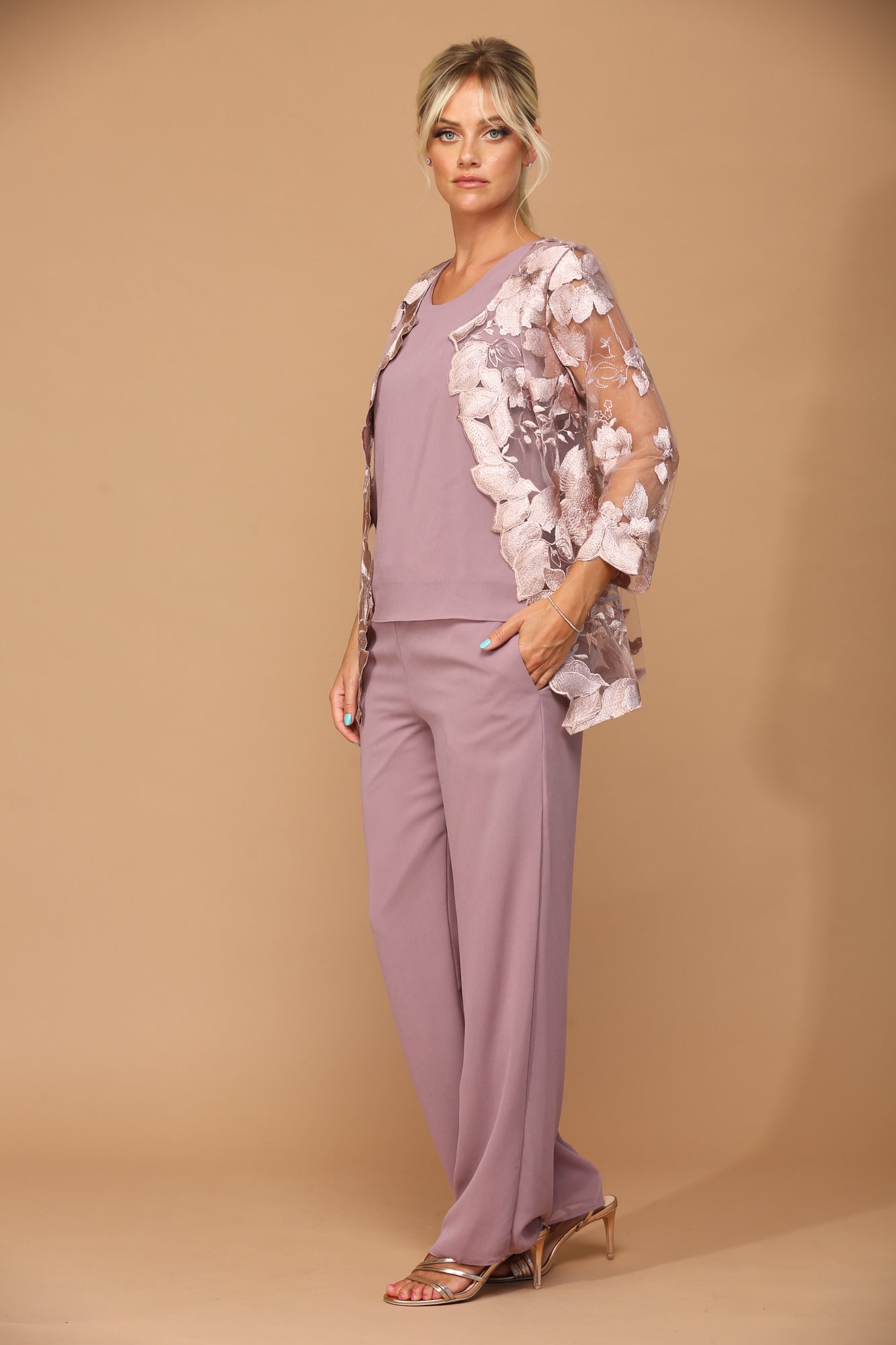 Mauve colored trouser suit set