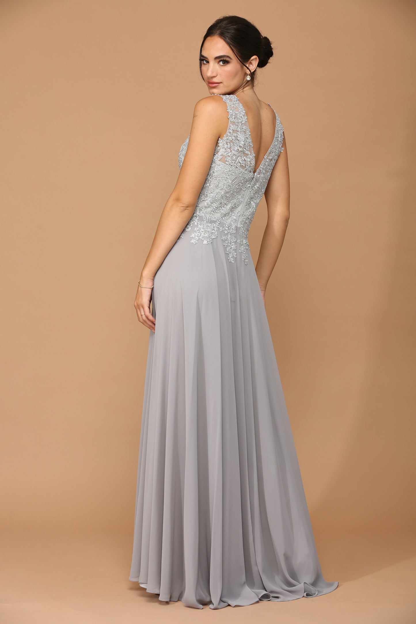 Silver colored long party dress