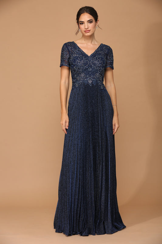 Navy metallisk kjole med plissè 5241