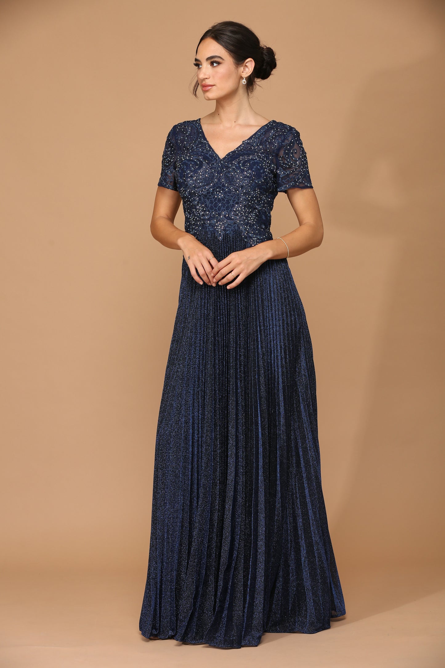 Navy metallic dress with pleats