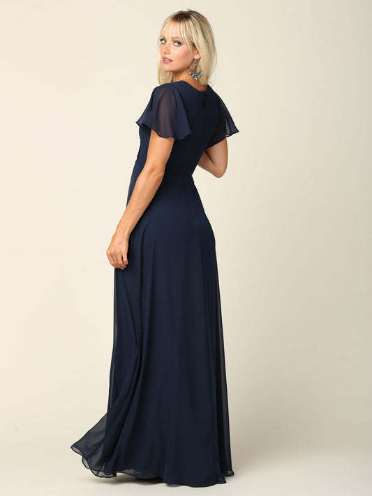 Long navy party dress with short sleeves and slit