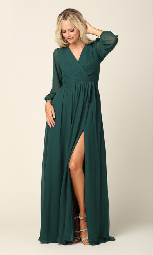 Green long party dress with balloon sleeves