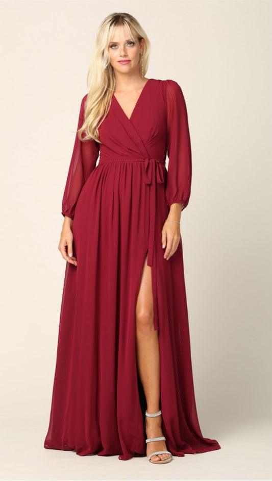 Burgundy party dress with balloon sleeves