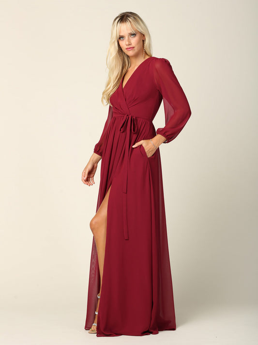 Burgundy party dress with balloon sleeves