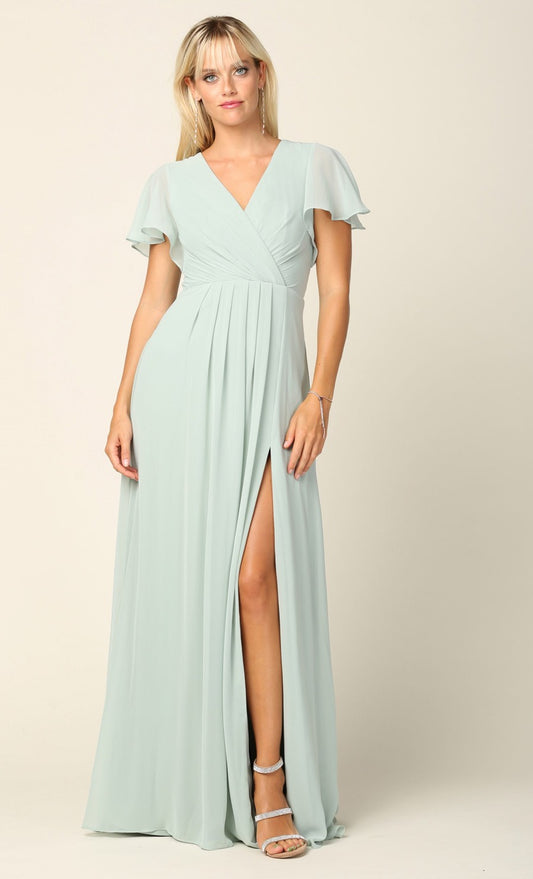 Long sage colored party dress with short sleeves and slit