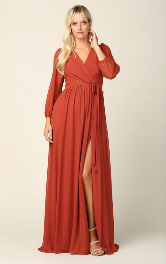 Rust party dress with balloon sleeves