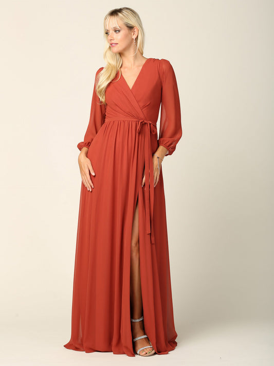 Rust party dress with balloon sleeves
