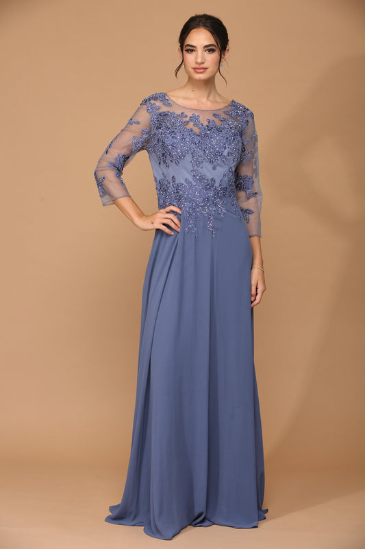 Dusty blue party dress with long sleeves