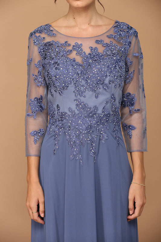 Dusty blue party dress with long sleeves