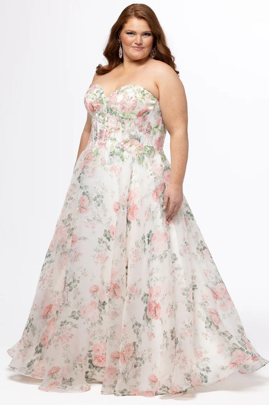 Blomstret curvy brudekjole