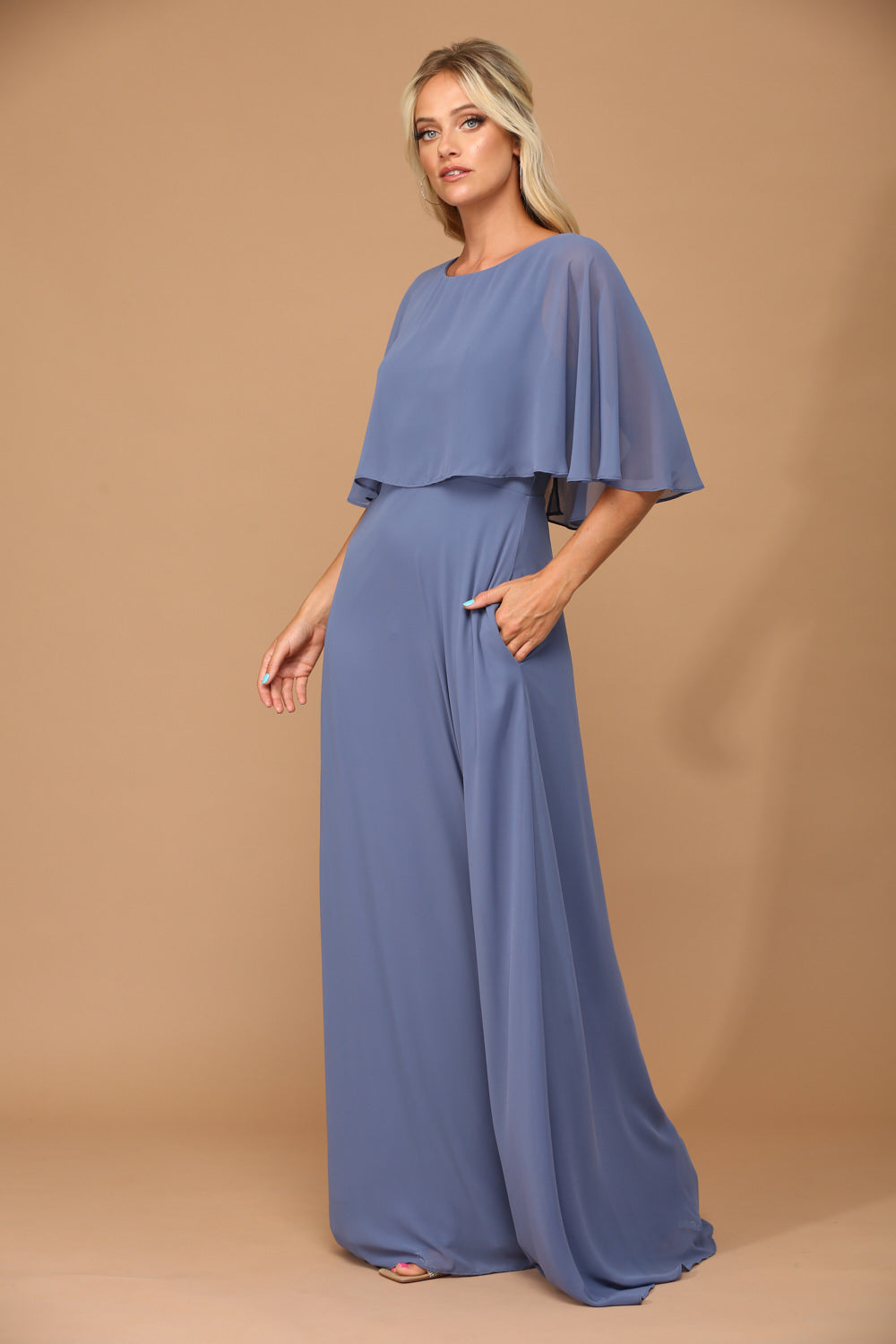 Long dusty blue party dress with cap sleeves