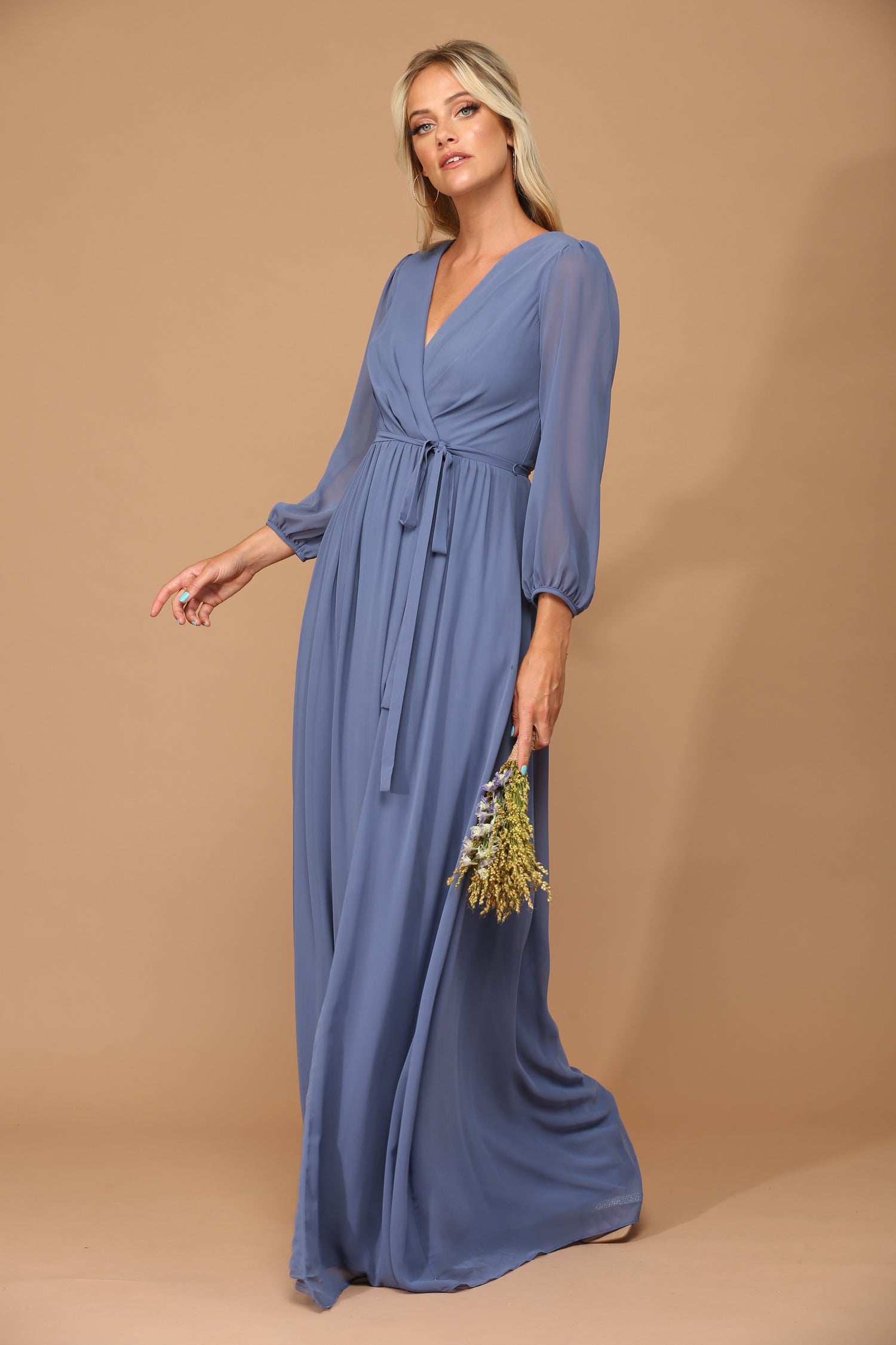 Dusty blue party dress with balloon sleeves