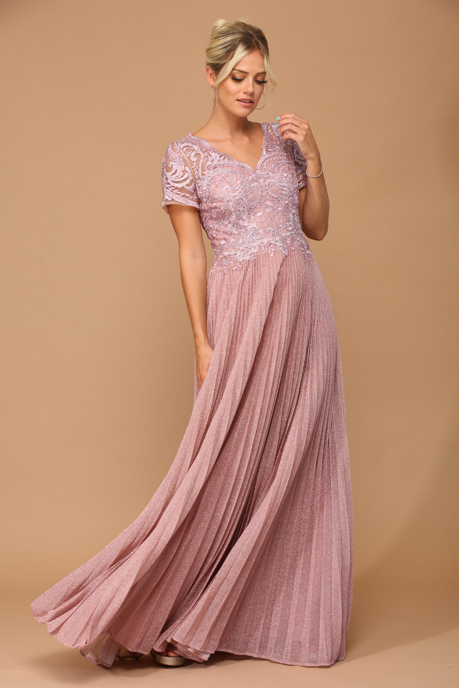 Pink metallic party dress with pleats