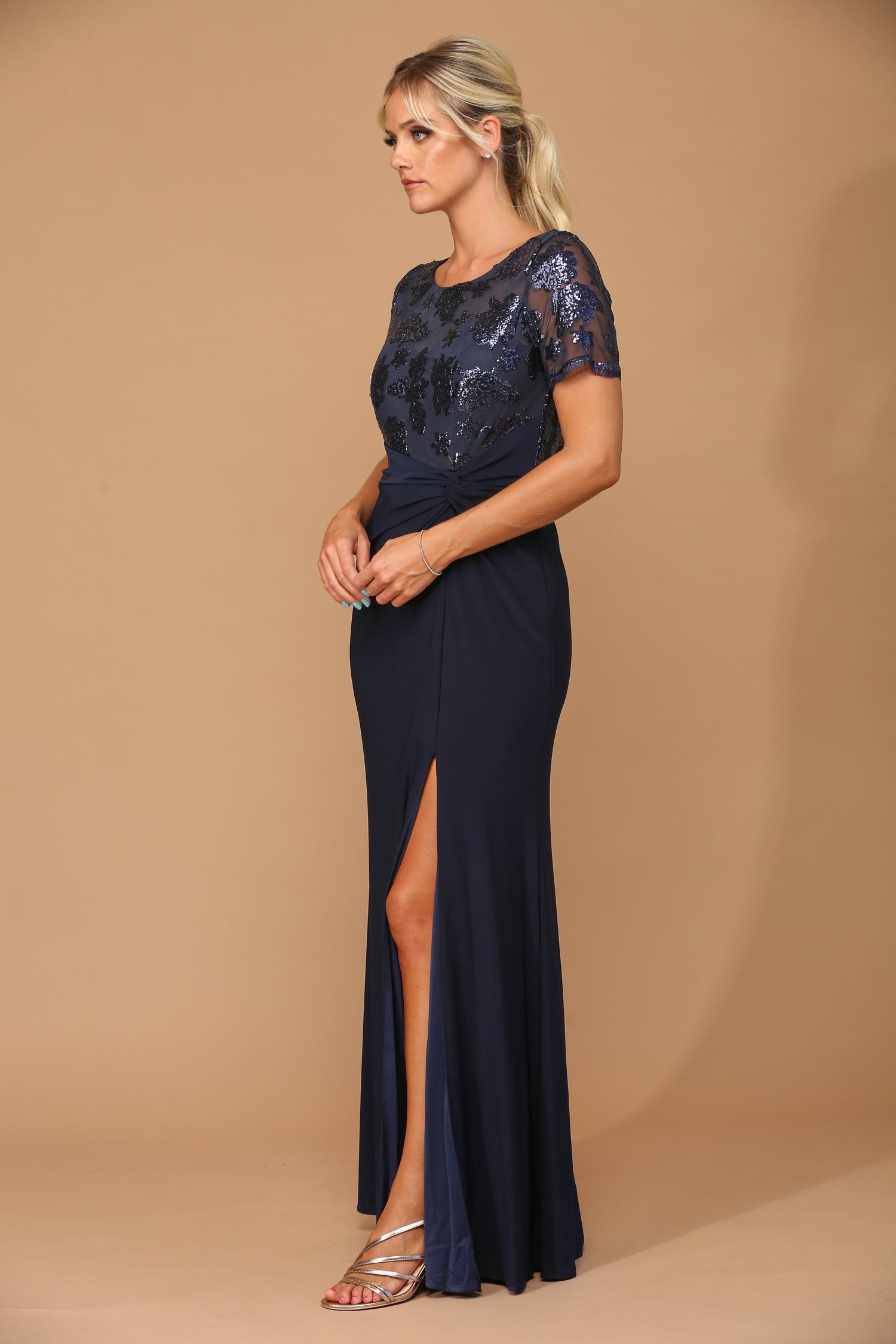 Navy blue party dress with slit and short sleeves