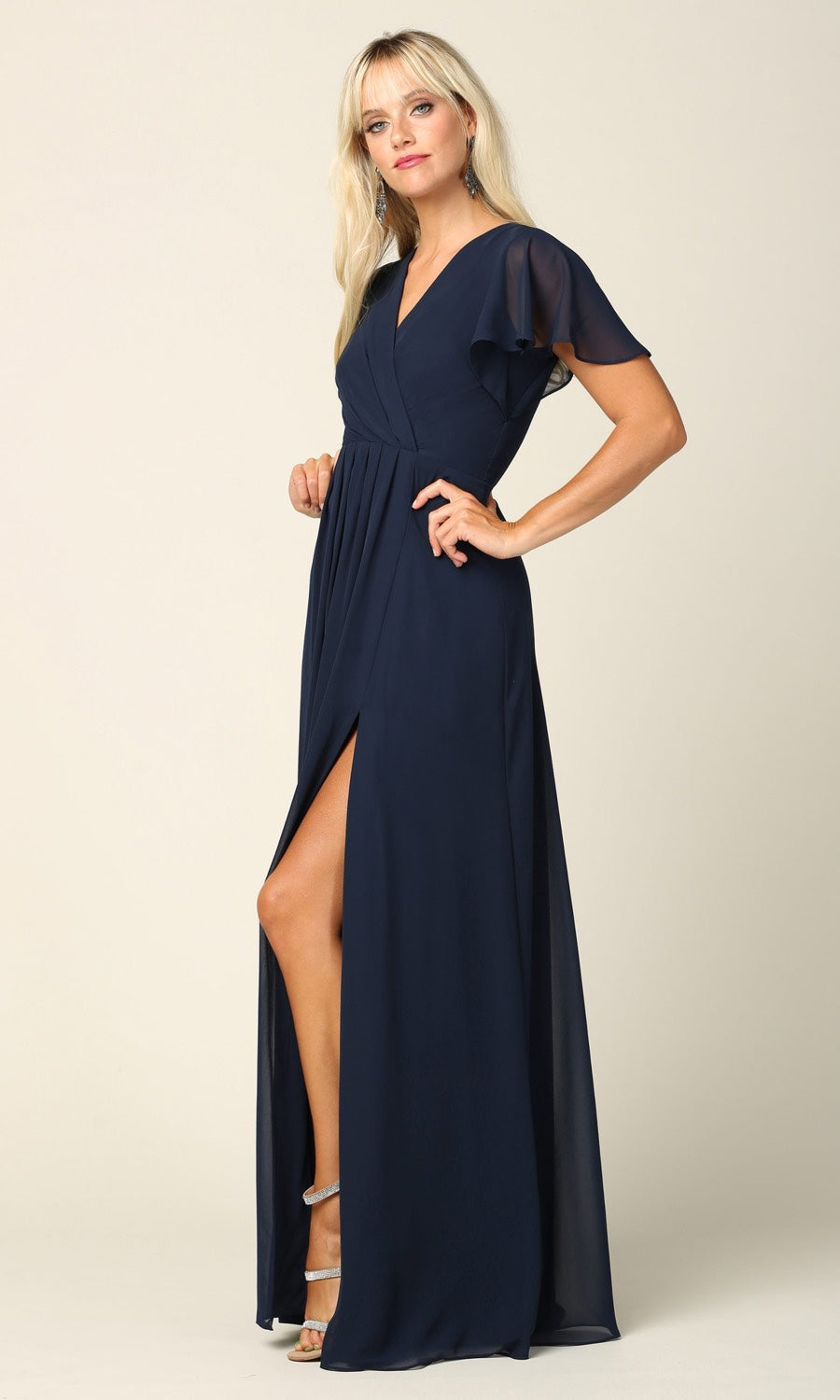 Long navy party dress with short sleeves and slit