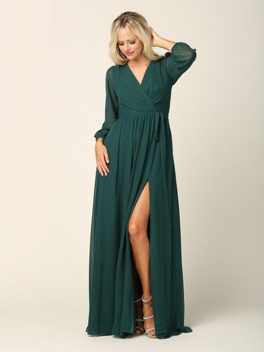 Grøn lang festkjole med ballonærmer 3410