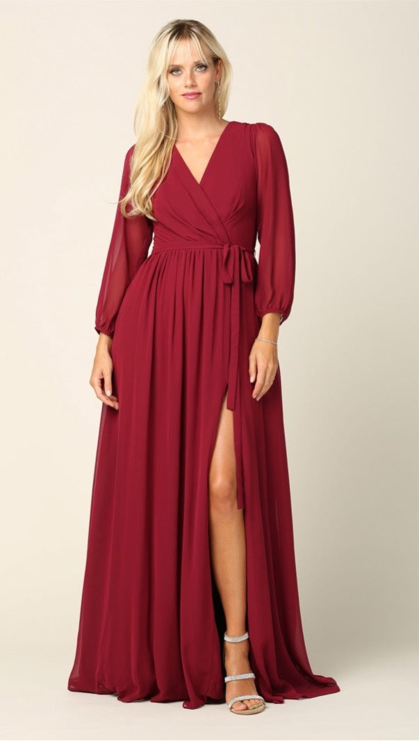 Burgundy party dress with balloon sleeves